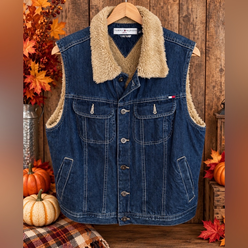 Tommy Hilfiger Dark Blue Denim Vest with Cream Sherpa Collar